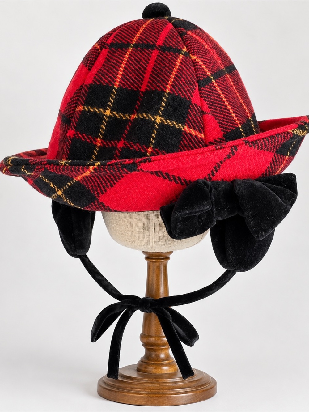 Vintage plaid red checkered bucket ear muff bow dress hat